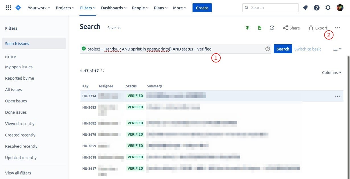 filter current sprint issues and export the results